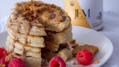 Salted caramel swirl pancakes with raspberries