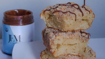 coffee cakes stacked with drizzled hazelnut butter