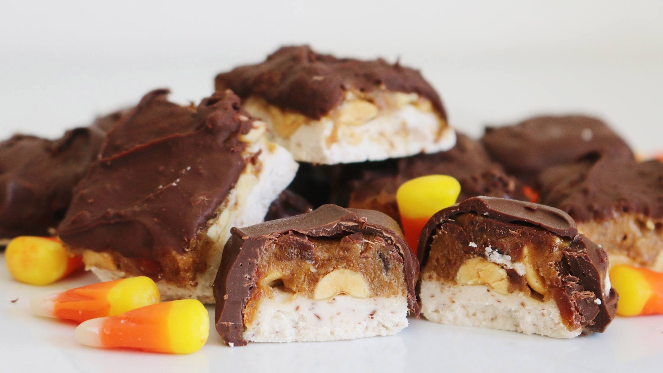 Homemade snickers bars with candy corn