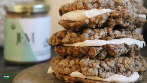 Vegan Carrot Cake Sandwich Cookies with Cardamom Cream Cheese Frosting